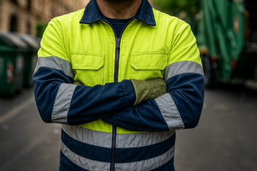 Operatore ambientale con le braccia incrociate in segno di protesta per lo sciopero
