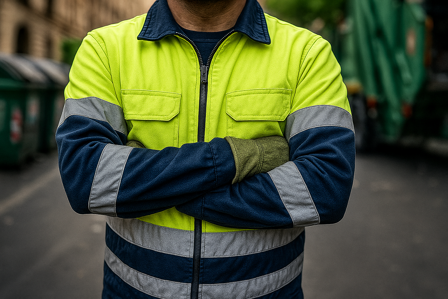 Operatore ambientale con le braccia incrociate in segno di protesta per lo sciopero